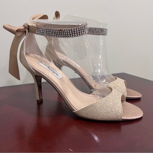 Nina Vinne Champagne Bliss, Crystal Ankle Strap w Bow, High Heel Dress Sandal, 8 - Picture 2 of 11